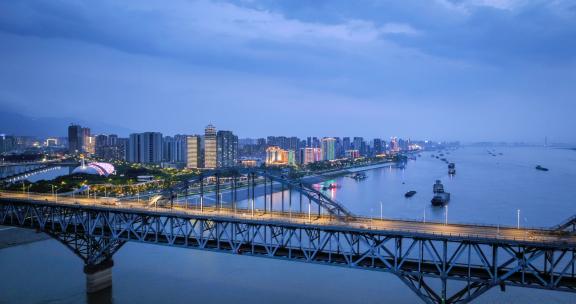 夜幕降临时刻的江西九江浔阳江景观航拍延时