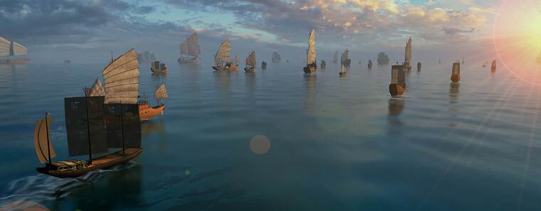 古代航海航运郑和下西洋海上黄昏动画