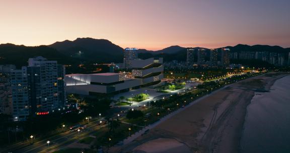 4K珠海博物馆海边城市夜景夕阳高清在线视频素材下载