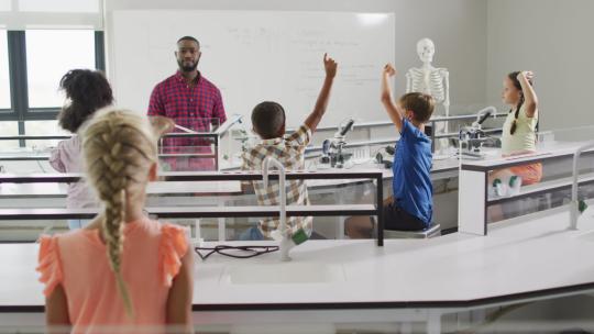 解剖课上非裔美国男老师和不同学生举手的视频视频素材模板下载