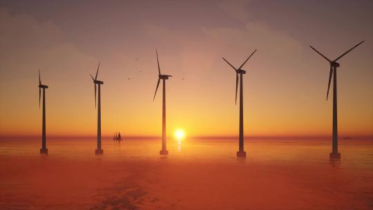 日落时海上风力涡轮机