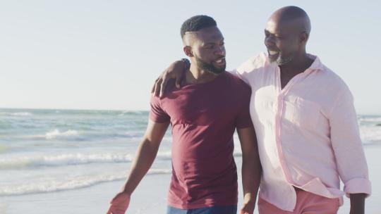 两个男人在海边聊天散步视频素材模板下载