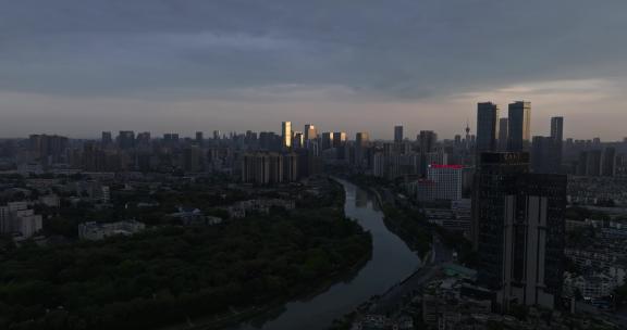 航拍夏日早晨成都日出都市风景