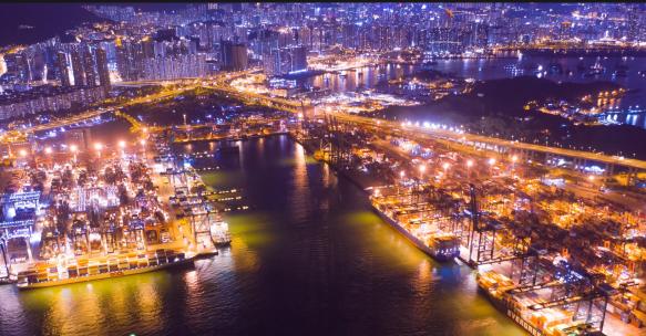 城市夜晚-海边-航拍-大场景，转场-时间