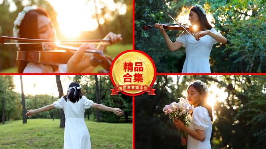 精品 · 美女黄昏小提琴独奏享受阳光合集视频素材模板下载