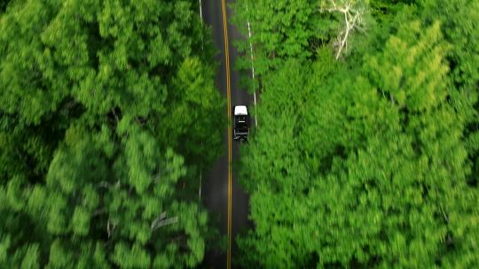 航拍汽车在森林公路中行驶视频素材模板下载