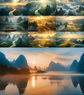 桂林山水航拍风光风景日落视频高清在线视频素材下载