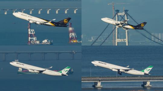 UPS波音747和马汉航空A340起飞高清在线视频素材下载