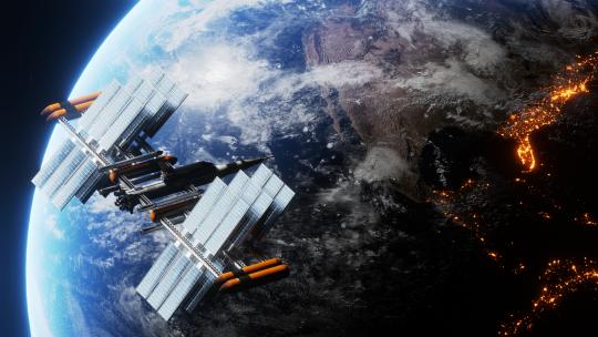 地球上方的空间站绕地球运行4K视频素材模板下载