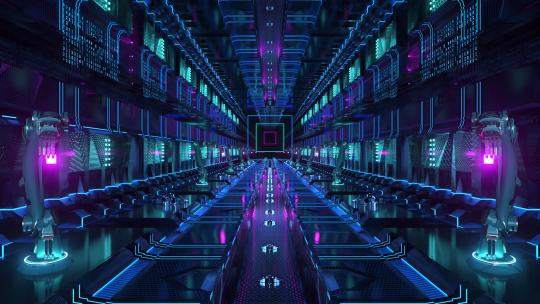 工业机器人霓虹灯隧道环 无尽的机械臂走廊