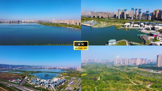 晋阳湖公园航拍高清在线视频素材下载