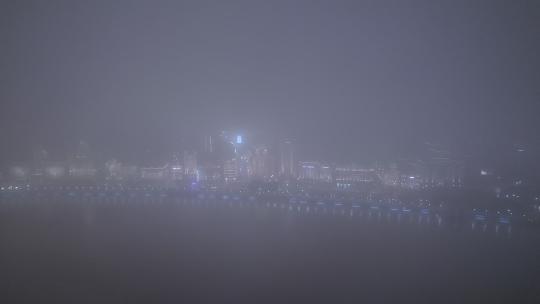 航拍上海黄浦江沿岸外滩地标建筑群夜景
