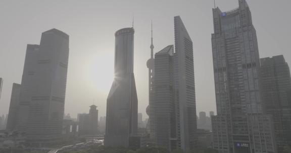 上海城市摩天大楼写字楼夕阳日落航拍DLOG