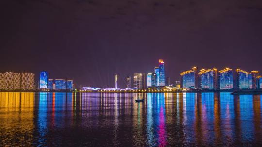 湖南长沙城市夜景灯光秀航拍移动延时