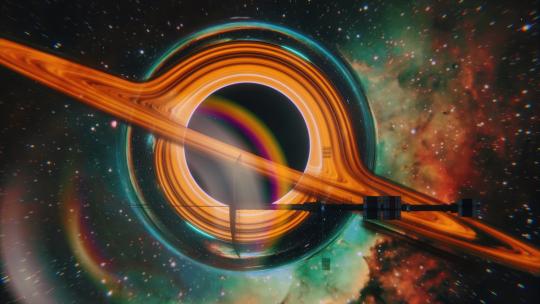 一个围绕彩色黑洞运行的未来派科幻空间站4K