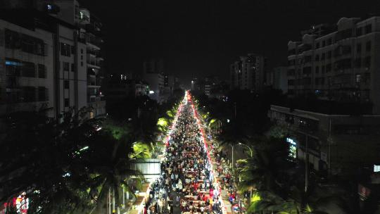 海南大学南门小吃一条街夜景航拍