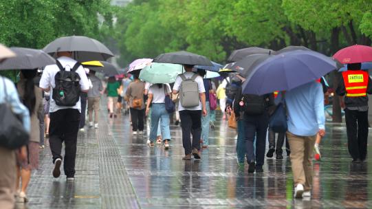 城市雨季雨天街头行人车流