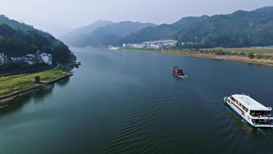 安徽皖南新安江山水画廊航拍旅游风光游船视频素材模板下载