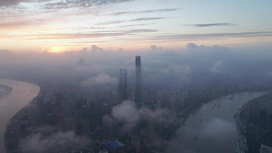 上海陆家嘴平流雾日出航拍