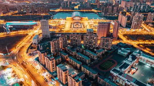 中国哈尔滨西站城市夜景延时航拍