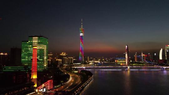 高清航拍广州珠江城市风光晚霞夜景