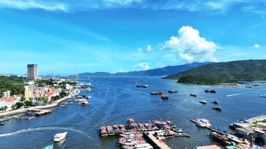 航拍广东惠州大亚湾港口码头海岸线海景