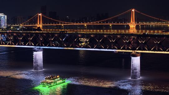 长江游船夜游长江大桥航拍1视频素材模板下载
