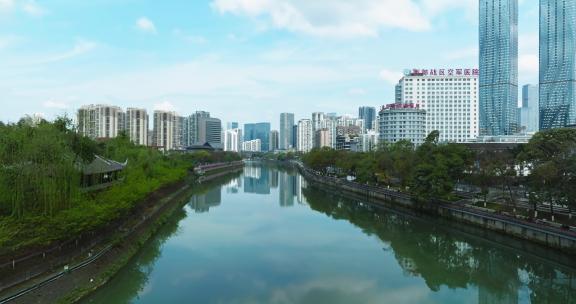 航拍延时成都锦江两岸城市风光蓝天白云高楼