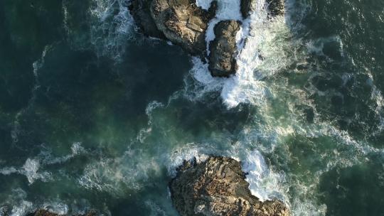 海岩上泡沫海浪的俯视图，有一群南美海狮。空中地形