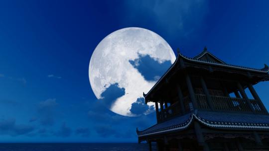 中秋节月亮从古建筑屋顶升起延时摄影