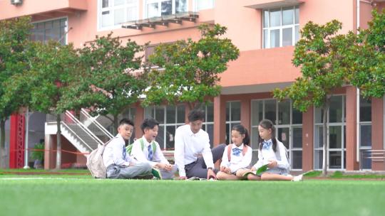 老师和学生们坐在学校草坪上讨论学习和读书
