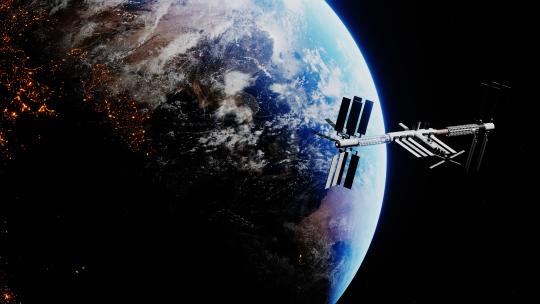 国际空间站在日出或日落时绕地球运行4K