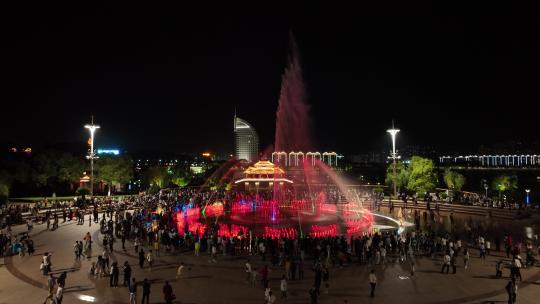 鄂州夜景航拍鄂州市政府凤凰广场音乐喷泉