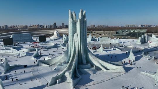 原创 哈尔滨冰雪大世界冰雕航拍景观