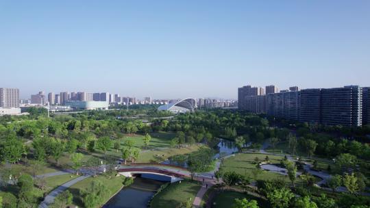 杭州大运河亚运公园 清晨航拍视频素材模板下载