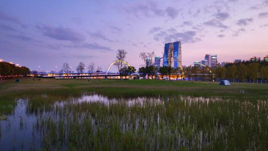 公园和苏州城市地标建筑东方之门夜景航拍