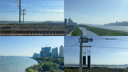 杭州高铁的沿途风景，钱塘江风光高清在线视频素材下载