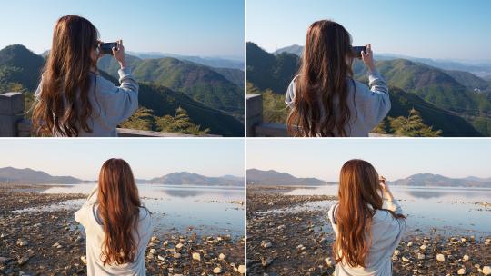 游客拍照 女生背影 旅行记录 手机摄影高清在线视频素材下载