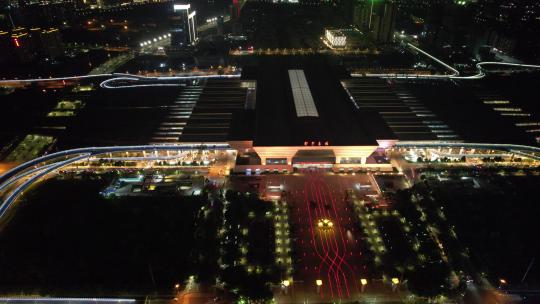 河南郑州火车站夜景灯光航拍