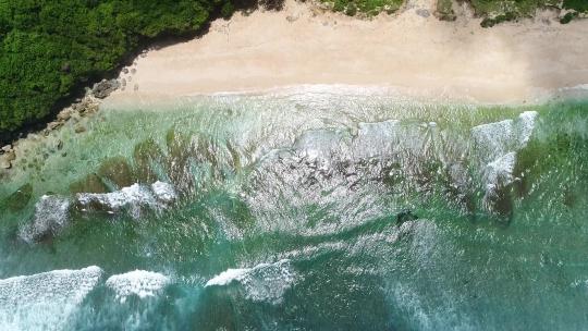 巴厘岛蓝梦岛梦幻沙滩和森林相间海岸线航拍