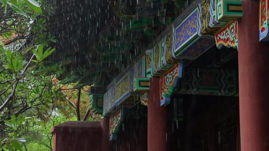 雨天中式建筑屋檐雨滴雨水雨景视频素材模板下载