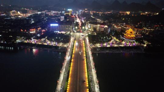 广西桂林城市夜景灯光交通车辆航拍