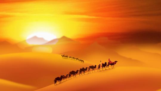 沙漠骆驼沙漠日落沙漠驼队丝绸之路背景视频
