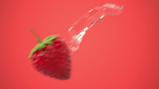 草莓和水碰撞的慢镜头特写