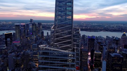 城市航拍范德比尔特一号黄昏纽约摩天大楼