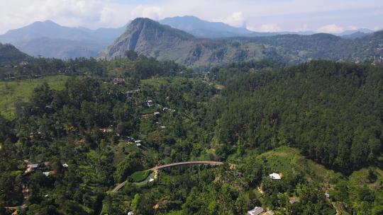 历史悠久的九拱桥在山谷之间的绿色山丘上长满了茂密的森林