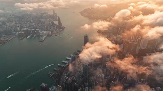 航拍云下的香港维多利亚港