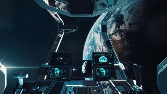 地球上空的未来科幻宇宙飞船驾驶舱的视图