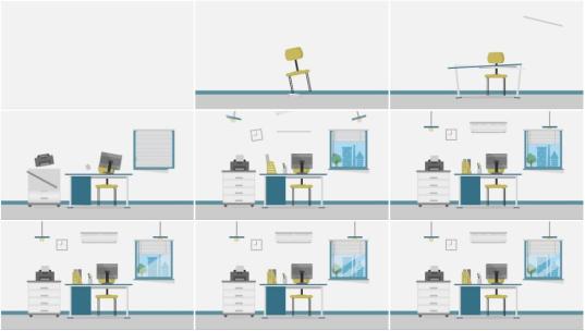办公室打印机电脑室内MG扁平卡通动画背景高清AE视频素材下载