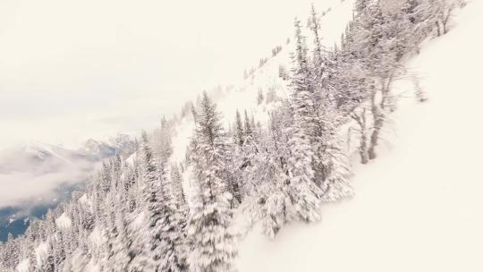 冬季穿越机飞越森林雪山河流航拍视频素材模板下载